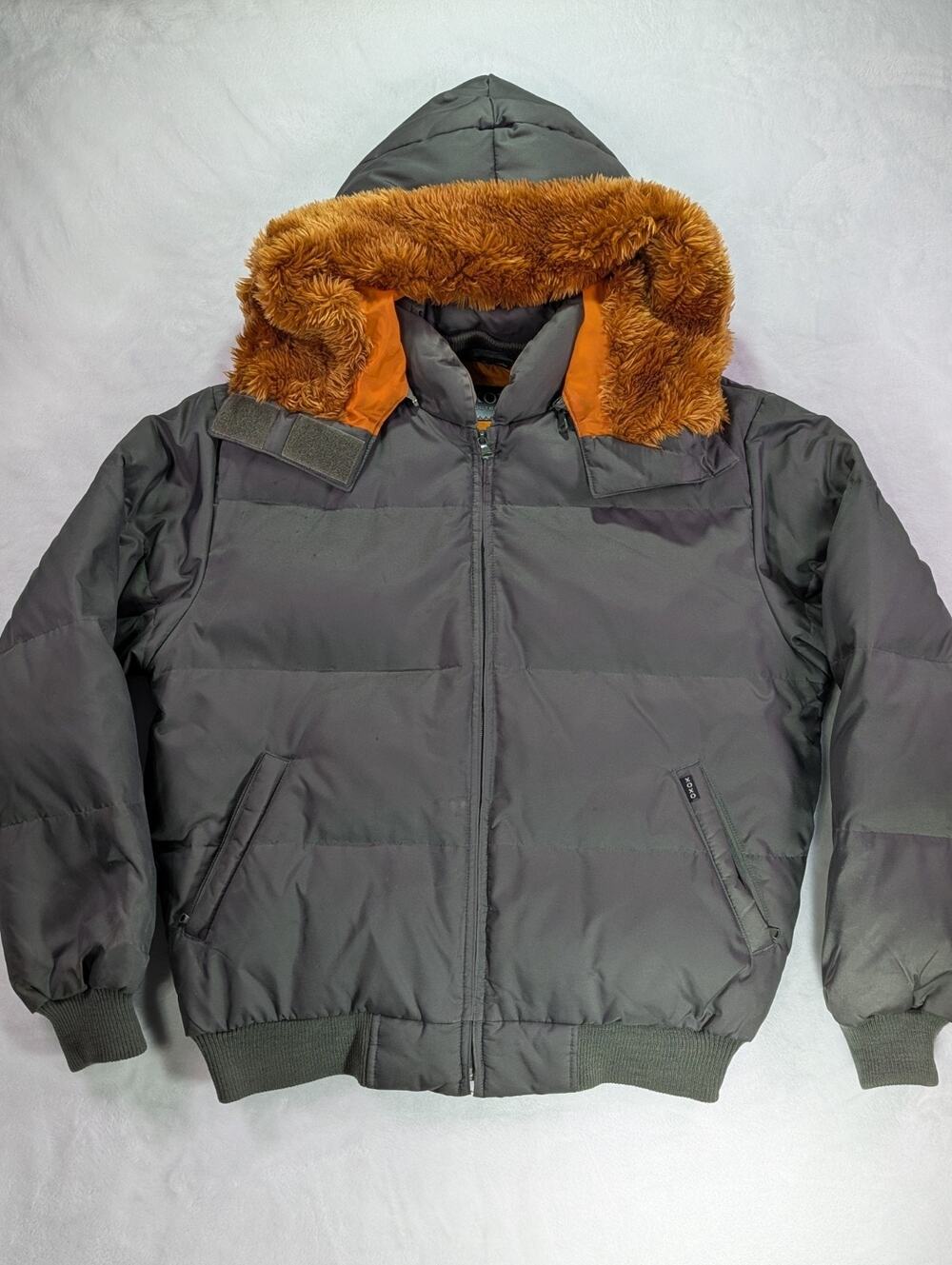 XOXO Vintage Style Puffer Bomber Jacket Womens Sz M Green Faux Fur Hooded Coat